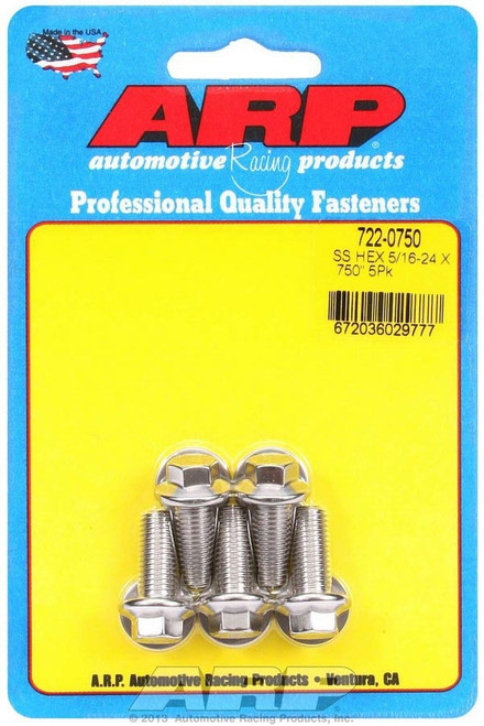 Bolt - 5/16-24 in Thread - 0.75 in Long - 3/8 in Hex Head - Stainless - Polished - Universal - Set of 5