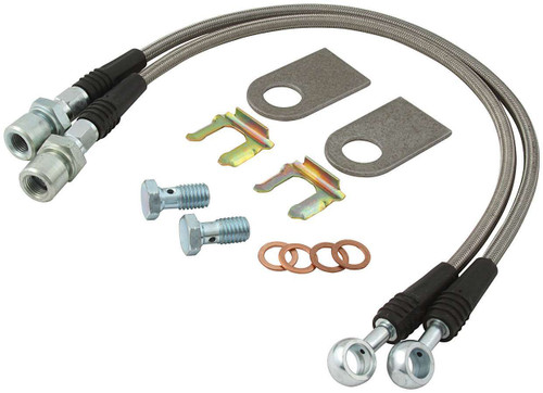 Brake Hose Kit - 16 in Long - 3/8-24 in Inverted Flare Straight Inlet - 10 mm x 1.50 Banjo Straight Outlet - Fittings / Tabs - Braided Stainless - GM Metric Calipers - Kit Brake Hose Kit - 16 in Long - 3/8-24 in Inverted Flare Straight Inlet - 10 mm x 1.50 Banjo Straight Outlet - Fittings / Tabs - Braided Stainless - GM Metric Calipers - Kit