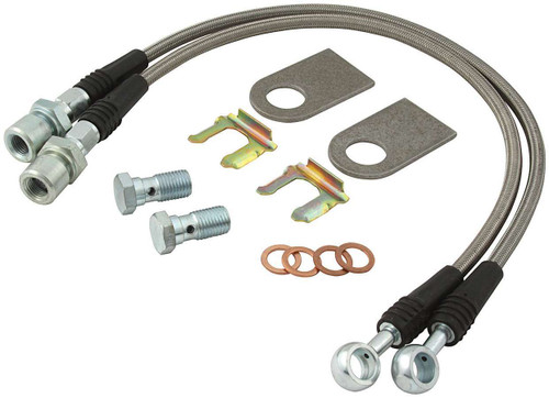 Brake Hose Kit - 16 in Long - 3/8-24 in Inverted Flare Straight Inlet - 7/16-20 in Banjo Straight Outlet - Fittings / Tabs - Braided Stainless - Big GM Calipers - Kit Brake Hose Kit - 16 in Long - 3/8-24 in Inverted Flare Straight Inlet - 7/16-20 in Banjo Straight Outlet - Fittings / Tabs - Braided Stainless - Big GM Calipers - Kit