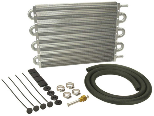 Fluid Cooler - Dyno-Cool - 15.25 x 10 x 0.75 in - Tube Type - 11/32 in Hose Barb Inlet / Outlet - Fitting / Hardware / Hose - Aluminum - Natural - Automatic Transmission - Kit