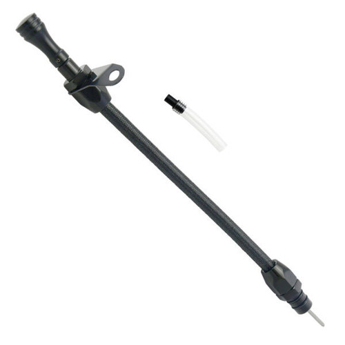 Transmission Dipstick - Transmission Mount - Flexible - OEM Length - Braided Stainless - Aluminum - Black Anodized - TH350 / TH400 - Each