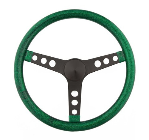 Steering Wheel - Metal Flake - 13-1/2 in Diameter - 3-Spoke - Green Metal Flake Grip - Steel - Black Powder Coat - Each