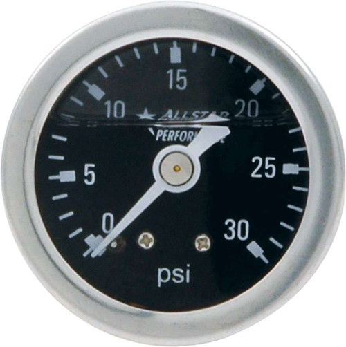 Pressure Gauge - 0-30 psi - Mechanical - Analog - 1-1/2 in Diameter - Liquid Filled - 1/8 in NPT Port - Black Face - Each
