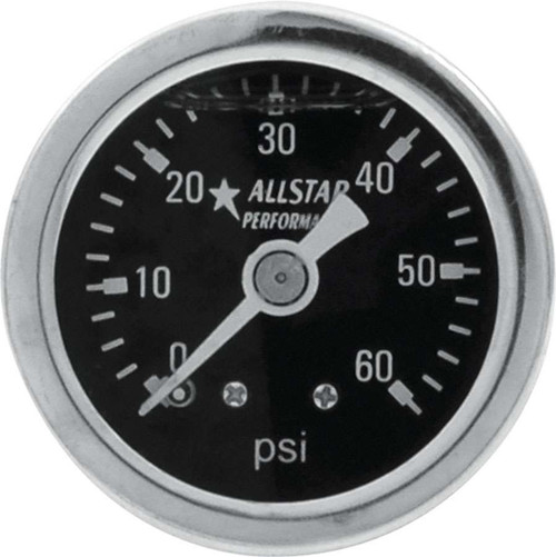 Pressure Gauge - 0-60 psi - Mechanical - Analog - 1-1/2 in Diameter - Liquid Filled - 1/8 in NPT Port - Black Face - Each
