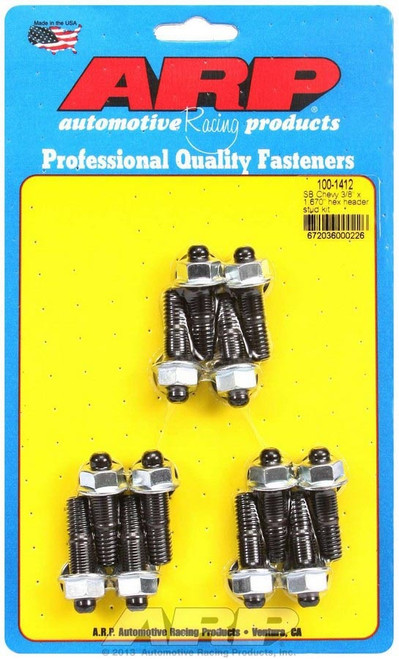 Header Stud - 3/8 in Diameter - 1.67 in Long - Hex Nuts - Chromoly - Black Oxide - Small Block Chevy - Set of 12 Header Stud - 3/8 in Diameter - 1.67 in Long - Hex Nuts - Chromoly - Black Oxide - Small Block Chevy - Set of 12