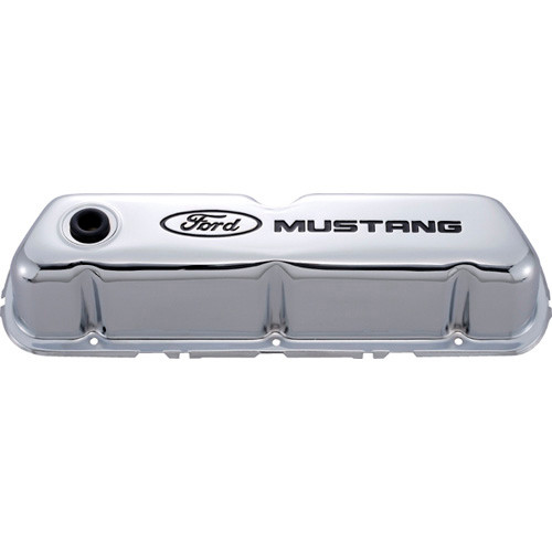 Valve Cover - Tall - Baffled - Breather Hole - Ford Mustang Logo - Steel - Chrome - Small Block Ford - Pair