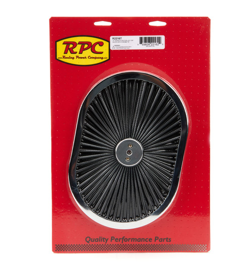 Air Cleaner Lid - Super Flow - 12 in Oval - Filtered - Black Filter - Steel - Chrome - Each