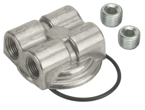 Oil Filter Adapter - Bypass - Block Mount - 3/4-16 in Center Thread - 1/2 in NPT Dual Inlets - 1/2 in NPT Dual Outlets - Aluminum - Polished - Each