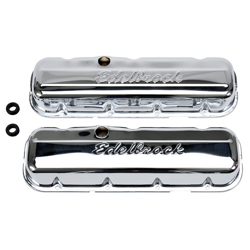Valve Cover - Signature Series - Short - Baffled - Breather Hole - Grommets - Edelbrock Logo - Steel - Chrome - Big Block Chevy - Pair