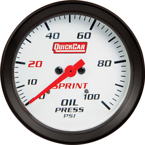 Oil Pressure Gauge - 0-100 psi - Mechanical - Analog - Full Sweep - 2-5/8 in Diameter - White Face - QuickCar Sprint Panels - Each