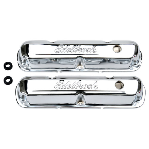 Valve Cover - Signature Series - Short - Baffled - Breather Hole - Grommets - Edelbrock Logo - Steel - Chrome - Small Block Mopar - Pair Valve Cover - Signature Series - Short - Baffled - Breather Hole - Grommets - Edelbrock Logo - Steel - Chrome - Small Block Mopar - Pair