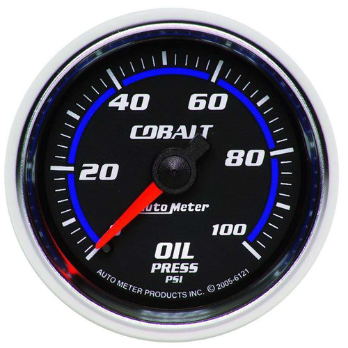 Oil Pressure Gauge - Cobalt - 0-100 psi - Mechanical - Analog - Full Sweep - 2-1/16 in Diameter - Black Face - Each
