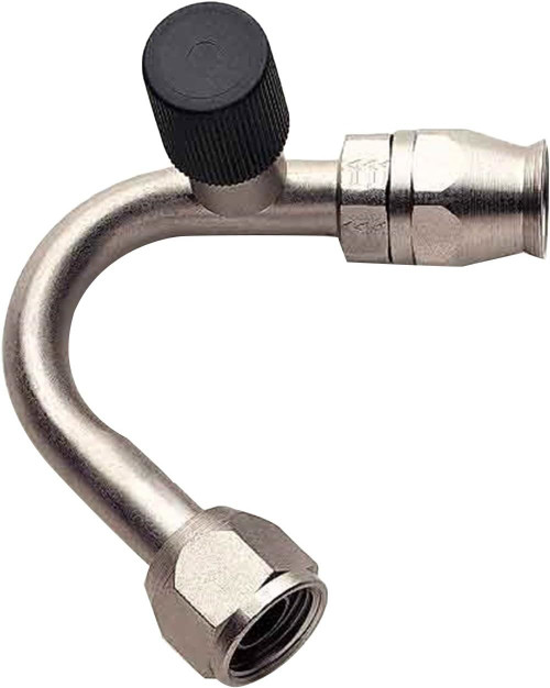 Fitting - Hose End - AC Refrigerant - 135 Degree - 8 AN Hose to 8 AN Female O-Ring - Charge Port - Steel - Nickel Plated - Each