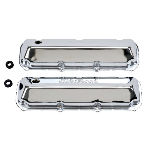 Valve Cover - Signature Series - Short - Baffled - Breather Hole - Grommets - Edelbrock Logo - Steel - Chrome - Big Block Ford - Pair