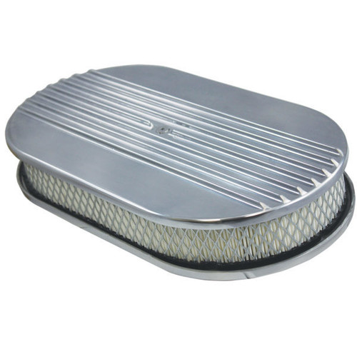 Air Cleaner Assembly - Half Finned - 15 in Oval - 2 in Element - 5-1/8 in Carb Flange - Flat Base - Aluminum - Polished - Kit