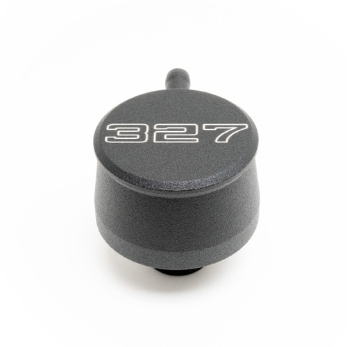 Breather - Push-In - Round - 1-1/4 in Hole - PCV Valve - 327 Script Logo - Aluminum - Black Powder Coat - Each Breather - Push-In - Round - 1-1/4 in Hole - PCV Valve - 327 Script Logo - Aluminum - Black Powder Coat - Each