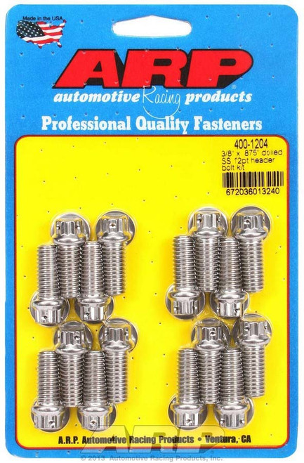 Header Bolt - 3/8-16 in Thread - 0.875 in Long - 12 Point Head - Stainless - Polished - Drilled - Big Block Chevy - Set of 16 Header Bolt - 3/8-16 in Thread - 0.875 in Long - 12 Point Head - Stainless - Polished - Drilled - Big Block Chevy - Set of 16