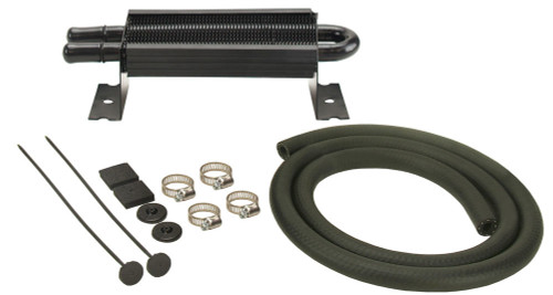 Fluid Cooler - 8.188 x 2.625 x 1.75 in - Tube Type - 11/32 in Hose Barb Inlet / Outlet - Hardware / Hose - Aluminum / Copper - Black Powder Coat - Power Steering - Kit