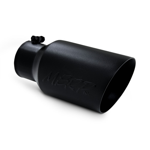 Exhaust Tip - Black Series Diesel Exhaust Tips - Clamp-On - 4 in Inlet - 6 in Round Outlet - 12 in Long - Double Wall - Beveled Edge - Angled Cut - Stainless - Black Powder Coat - Each Exhaust Tip - Black Series Diesel Exhaust Tips - Clamp-On - 4 in Inlet - 6 in Round Outlet - 12 in Long - Double Wall - Beveled Edge - Angled Cut - Stainless - Black Powder Coat - Each