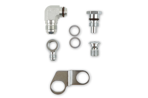 Fitting - Adapter - Straight - 10 AN Male Reservoir - 5/8 in Hose Barb - 6 AN Outlet Banjo - Flow Valve / Retaining Bracket - Steel - Natural - Kit