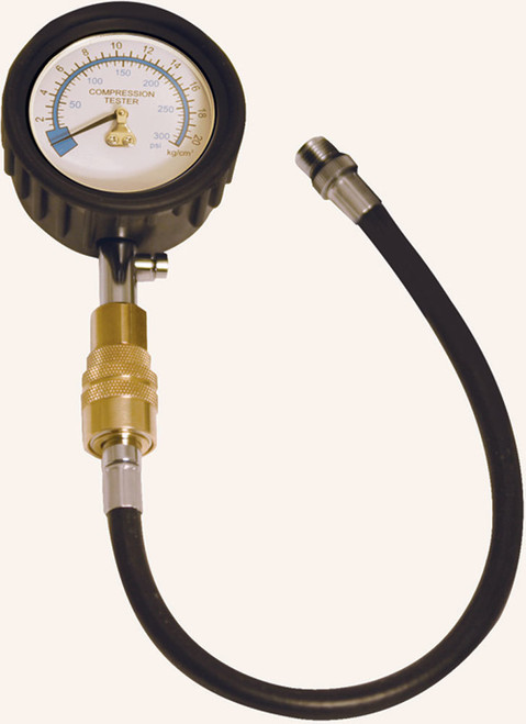 Compression Gauge - 0-300 psi - Mechanical - Analog - 2-1/2 in Diameter - White Face - Black Pointer - 14 mm Plug Adapter - Each
