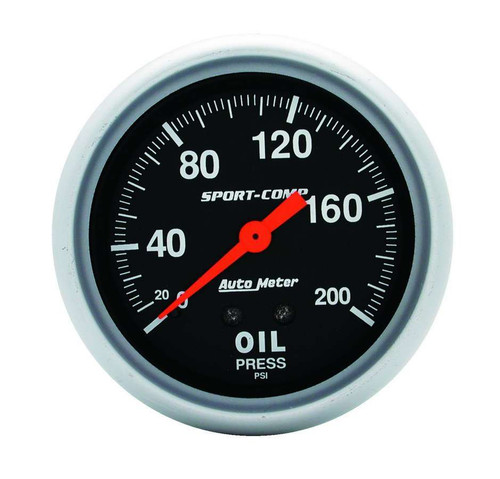 Oil Pressure Gauge - Sport-Comp - 0-200 psi - Mechanical - Analog - Full Sweep - 2-5/8 in Diameter - Black Face - Each