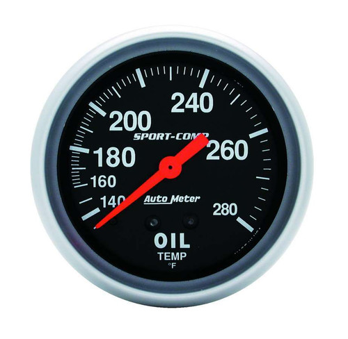 Oil Temperature Gauge - Sport-Comp - 140-280 Degree F - Mechanical - Analog - Full Sweep - 2-5/8 in Diameter - Black Face - Each