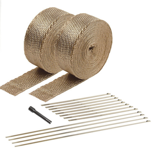 Exhaust Wrap - Titanium - 2 in Wide - Two 50 ft Rolls - Stainless Locking Ties - Woven Fiberglass - Titanium - Pair