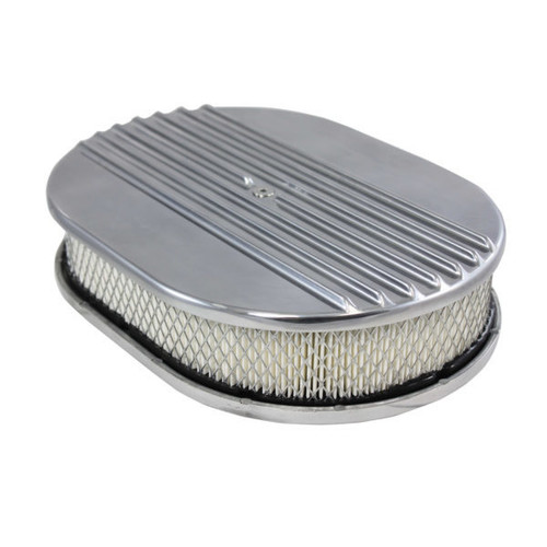 Air Cleaner Assembly - Half Finned - 12 in Oval - 2 in Element - 5-1/8 in Carb Flange - Flat Base - Aluminum - Polished - Kit Air Cleaner Assembly - Half Finned - 12 in Oval - 2 in Element - 5-1/8 in Carb Flange - Flat Base - Aluminum - Polished - Kit