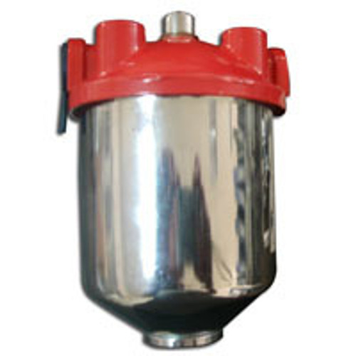Fuel Filter - Hi-Flow - Canister - 10 Micron - Paper Element - 3/8 in NPT Inlet - Dual 3/8 in NPT Outlets - Steel - Chrome / Red Paint - Each