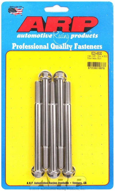 Bolt - 3/8-16 in Thread - 4.5 in Long - 3/8 in Hex Head - Stainless - Polished - Universal - Set of 5 Bolt - 3/8-16 in Thread - 4.5 in Long - 3/8 in Hex Head - Stainless - Polished - Universal - Set of 5