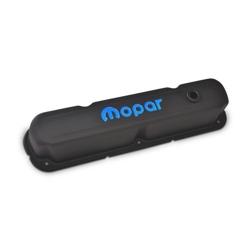 Valve Cover - Tall - Baffled - Breather Hole - Mopar Logo - Steel - Black Crinkle - Small Block Mopar - Pair