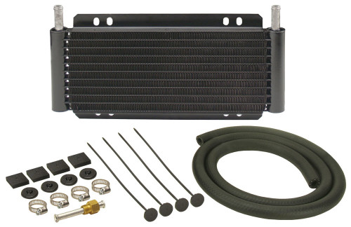 Fluid Cooler - 11 x 5.75 x 0.875 in - Plate and Fin Type - 11/32 in Hose Barb Inlet / Outlet - Fitting / Hardware / Hose - Aluminum - Black Powder Coat - Automatic Transmission - Kit