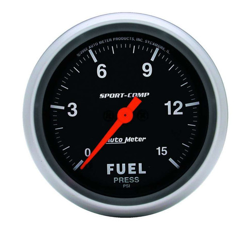 Fuel Pressure Gauge - Sport-Comp - 0-15 psi - Electric - Analog - Full Sweep - 2-5/8 in Diameter - Black Face - Each
