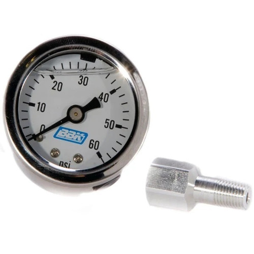 Fuel Pressure Gauge - 0-60 psi - Mechanical - Analog - 1-1/2 in Diameter - Liquid Filled - Full Sweep - 1/8 in NPT Port - Adapter Included - White Face - Kit