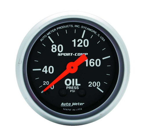 Oil Pressure Gauge - Sport-Comp - 0-200 psi - Mechanical - Analog - Full Sweep - 2-1/16 in Diameter - Black Face - Each