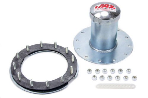Fuel Cell Filler Plate - Dragster - Vented Twist Lock Cap - Straight Neck - Flat Mount - 12-Bolt Flange - Steel - Zinc Oxide - Kit