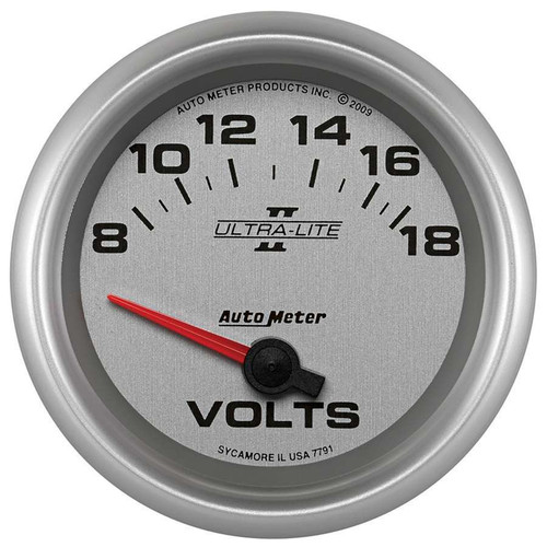 Voltmeter - Ultra-Lite II - 8-18V - Electric - Analog - Short Sweep - 2-5/8 in Diameter - Silver Face - Each