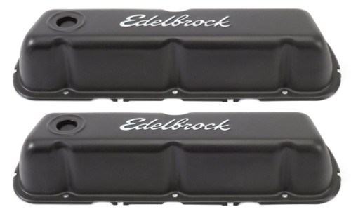 Valve Cover - Signature Series - Tall - Baffled - Breather Hole - Grommets - Edelbrock Logo - Steel - Black Powder Coat - Small Block Ford - Pair