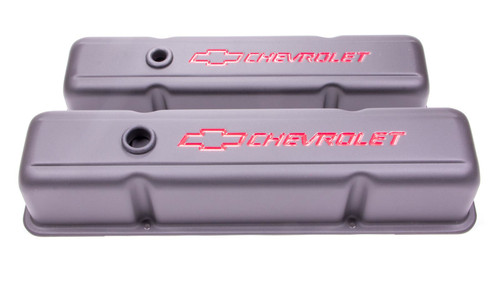 Valve Cover - Tall - Baffled - Breather Hole - Chevrolet Bowtie Logo - Steel - Black Crinkle - Small Block Chevy - Pair