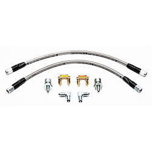 Brake Hose Kit - Flexline - DOT Approved - 16 in - 3 AN Hose - 3 AN Straight Inlet - 3 AN Straight Outlet - Fittings Included - Braided Stainless - Front - Chevy Fullsize Car 1955-57 - Kit