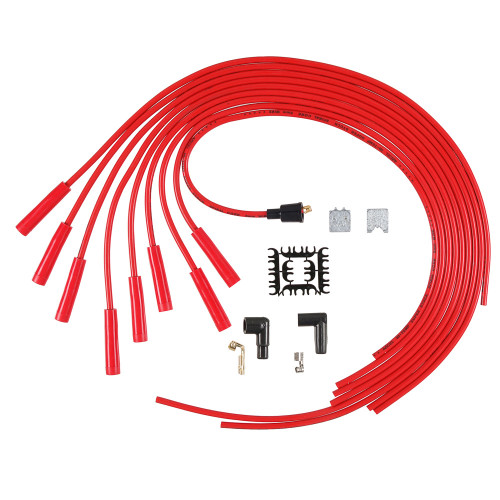 Spark Plug Wire Set - Super Stock - Spiral Core - 8 mm - Red - Straight Plug Boots - HEI Style Terminal - Cut-To-Fit - V8 - Kit