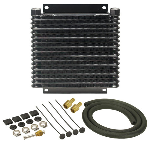 Fluid Cooler - 9000 Series - 10.125 x 11.875 x 1.25 in - Plate and Fin Type - 1/2 in NPT Female Inlet / Outlet - 3/8 in Hose Barb Adapters - Fitting / Hardware / Hose - Aluminum - Black Powder Coat - Automatic Trans - Kit