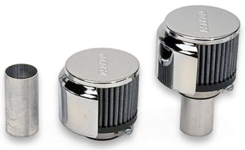 Breather - Clamp-On - Round - 1-3/8 in OD Tube - 1-1/2 in Long Aluminum Weld-On Tubes Included - Half Shielded - Reusable - Moroso Logo - Steel - Chrome - Kit Breather - Clamp-On - Round - 1-3/8 in OD Tube - 1-1/2 in Long Aluminum Weld-On Tubes Included - Half Shielded - Reusable - Moroso Logo - Steel - Chrome - Kit