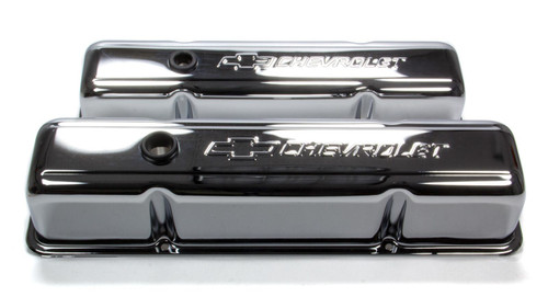 Valve Cover - Tall - Breather Hole - Chevrolet Bowtie Logo - Steel - Chrome - Small Block Chevy - Pair