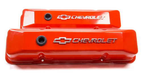 Valve Cover - Die-Cast - Tall - Baffled - Breather Hole - Raised Chevrolet Bowtie Logo - Aluminum - Orange Powder Coat - Small Block Chevy - Pair