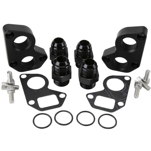 Water Pump Adapter - Standard to Remote - 12 AN Male Fittings Included - Aluminum - Black Anodized - GM LS-Series - Kit