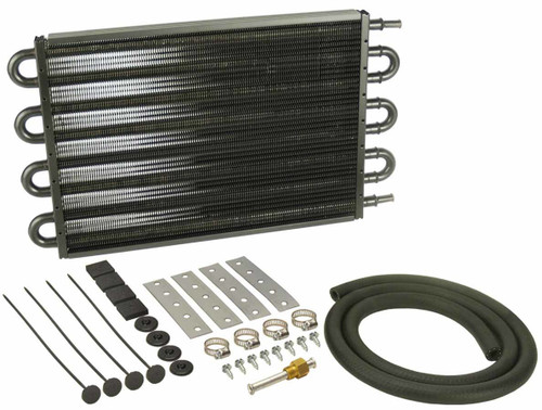 Fluid Cooler - 16.625 x 10.25 x 0.75 in - Tube Type - 11/32 in Hose Barb Inlet / Outlet - Fitting / Hardware / Hose - Aluminum / Copper - Black Powder Coat - Automatic Transmission - Kit