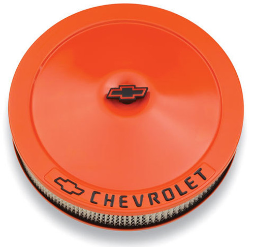 Air Cleaner Assembly - Classic - 14 in Round - 3 in Element - 5-1/8 in Carb Flange - Flat Base - Black Chevrolet Logo - Steel - Orange Paint - Kit Air Cleaner Assembly - Classic - 14 in Round - 3 in Element - 5-1/8 in Carb Flange - Flat Base - Black Chevrolet Logo - Steel - Orange Paint - Kit