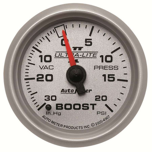 Boost / Vacuum Gauge - Ultra-Lite II - 30 in HG-20 psi - Mechanical - Analog - 2-1/16 in Diameter - Silver Face - Each